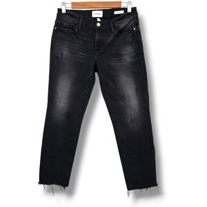 FRAME Le Garcon Crop Black Wash Distressed Raw‎ Hem Jeans Size 25